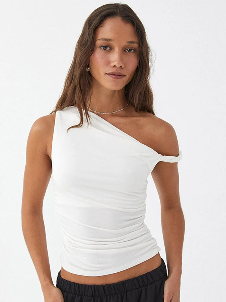 Simple Basic Casual Summer Tank Top Sleeveless Solid Color Off Shoulder Side Ruched Crop Tops Vestidos Spring Women T S