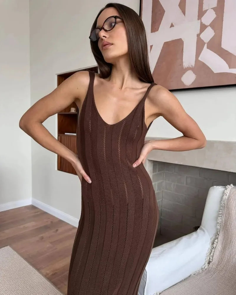 Trendix Knit Backless Dress For Women V Neck Slim Sleeveless Suspender Maxi Dress Vacation Sexy Beach Knitted Elegant Long Dress
