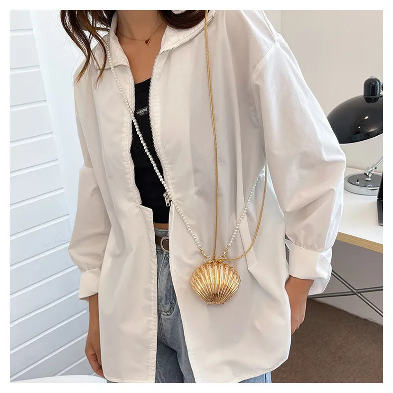 2025 New Summer Lipstick Bags for Women Fashion Pearl Mini Purse Crossbody Bag High Quality Gold Shell Bag Designer Shoulder Bag