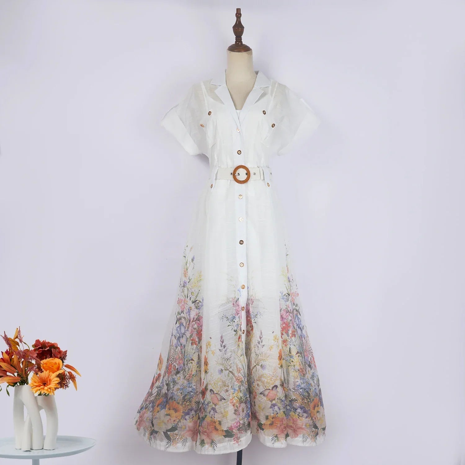 Real Shot Design Sense Positioning Print Single-Breasted Elegant Shirt A-Line Pocket Dress with Belt + Strap