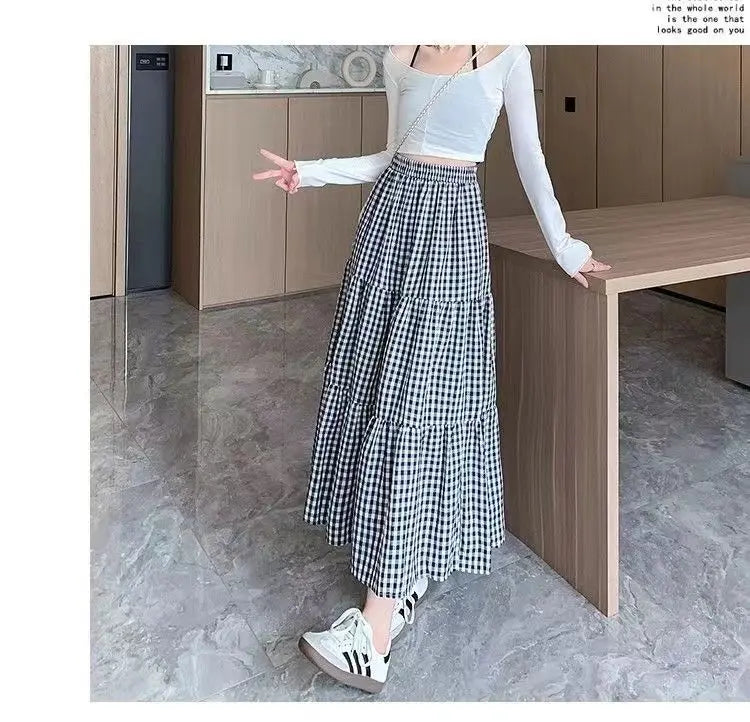 Patchwork Tiered Skirt Women 2025 Summer Vintage Checkered High Waisted Elastic Waist Slimming Midi Skir