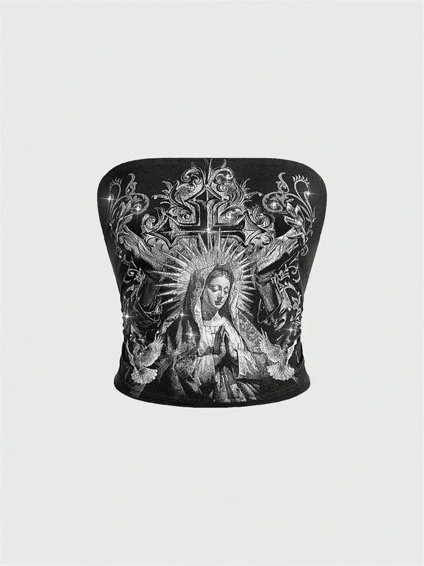 Women Gothic Print Tube Top Summer Y2K Clothes Sleeveless Off the Soulder Crop Top Streetwear