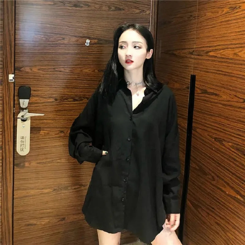 Minimalist Oversize Full Sleeve Women Basic Black Shirt Button Up Blouse  Turn Down Collar BF Long Shirts Autumn Cardigan Tops
