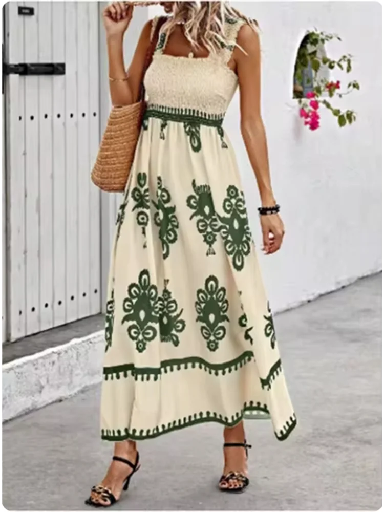 Summer Sleeveless Square Collar Printed Dress Women Suspender High Waist A Line Dresses Beach Vacation Robe