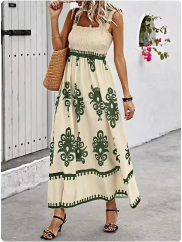 Summer Sleeveless Square Collar Printed Dress Women Suspender High Waist A Line Dresses Beach Vacation Robe