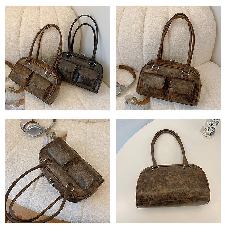 Retro Small Double Pockets Shoulder Bags for Women 2025 New Fashion Trend Designer Underarm Bag Female Handbags and Purses