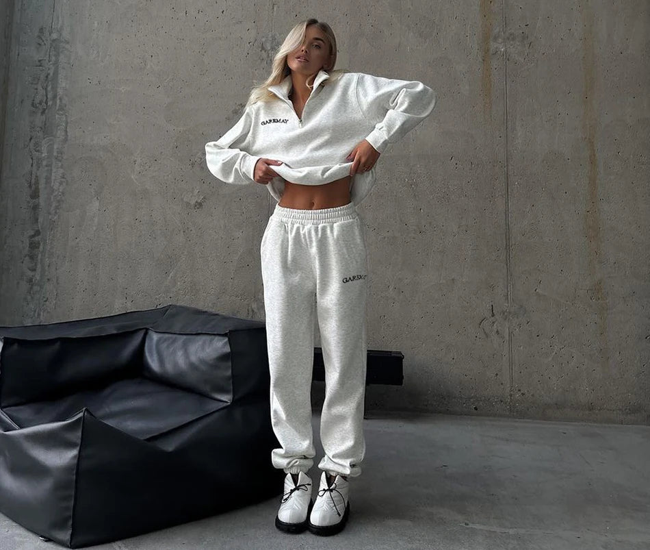 Autumn Women's Tracksuit with Zipper Cotton Oversize White Casual Two Piece Set Women  Classic Sports Trouser Suits for Women