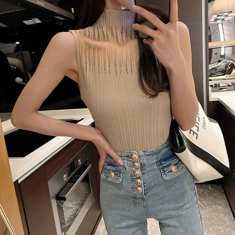 New Women's Summer Fashion Thin Knitted Undershirt Sleeveless Pullover Corset Top Half High Neck Comfortable Breathable T-Shirt
