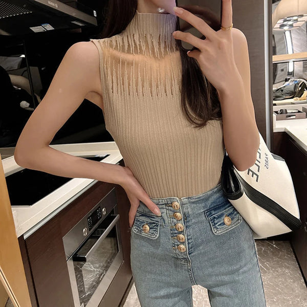 New Women's Summer Fashion Thin Knitted Undershirt Sleeveless Pullover Corset Top Half High Neck Comfortable Breathable T-Shirt