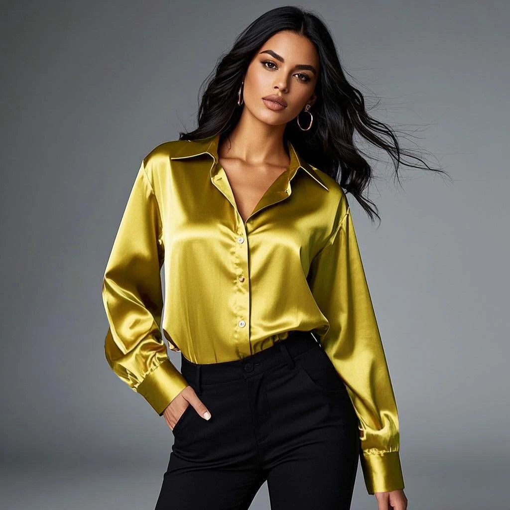 Korean Office Lady Trend Casual Shirt Elegant Blouses For Women Satin Multicolor Basic Slim Shirt Solid All-Match Top French New