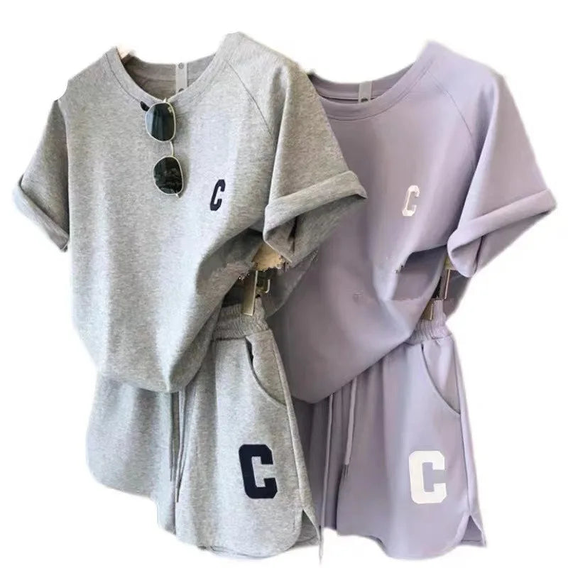  2 Piece Set Women Summer Loose Short Sleeve T-Shirt Casual Shorts Sports Print Letter Casual Suit Large Size Short Pajamas