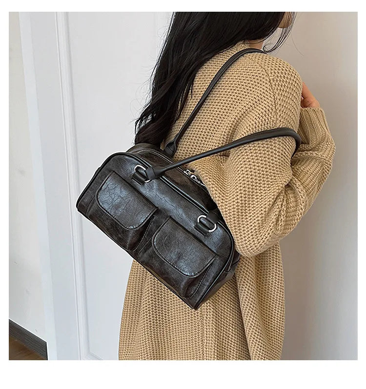 Retro Small Double Pockets Shoulder Bags for Women 2025 New Fashion Trend Designer Underarm Bag Female Handbags and Purses