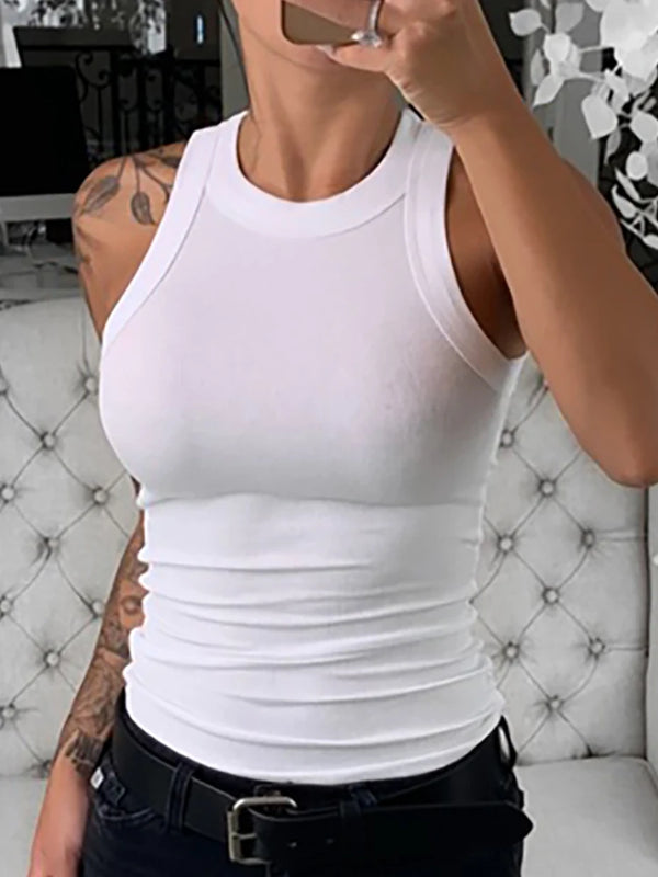 Women Solid Round Neck Ribbed Tank Top Camisole Women Summer Basic Elastic Tank Top O Neck Solid Tank Top