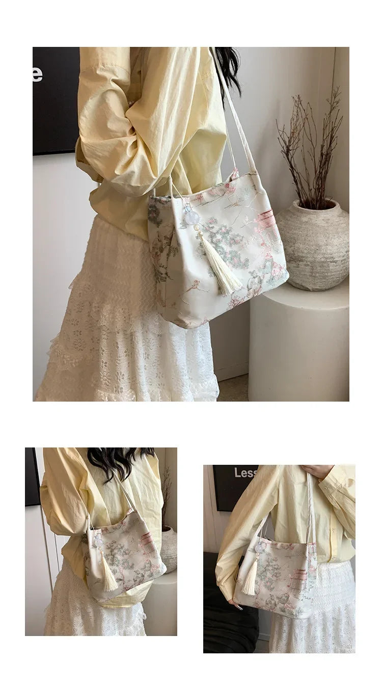 New Chinese Style Retro Bag 2025 New Models Silk Jacquard Fashionable Minimalist Bag Single Shoulder Diagonal Cross Women's Bag