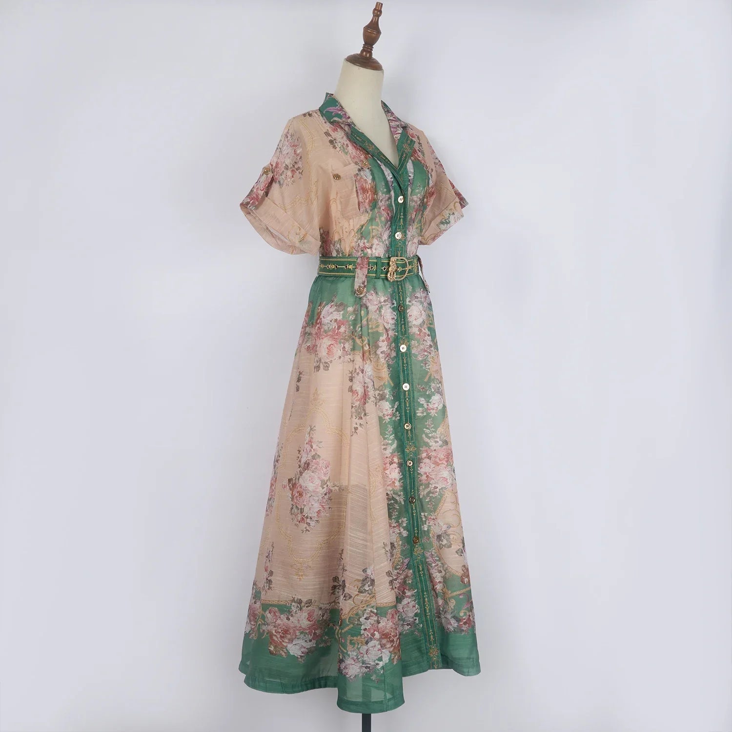 Real Shot Design Sense Positioning Print Single-Breasted Elegant Shirt A-Line Pocket Dress with Belt + Strap