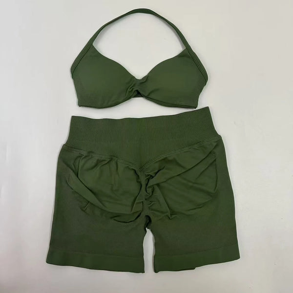 No Logo Yoga Gym Set Women Seamless Strappy Yoga Bra Top High Waist Workout Scrunch Shorts Sports Set Fitness Clothes Sportswear