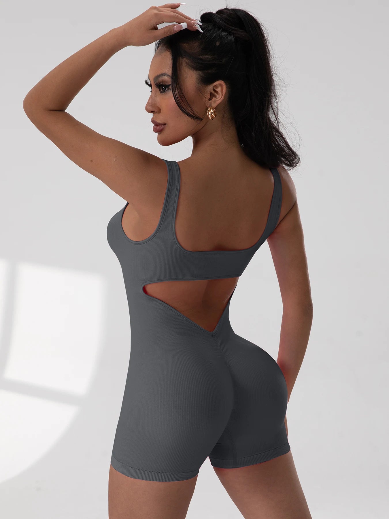 1PCS Backless Yoga Suit U Neck Sleeveless Sports Jumpsuit Solid Colour Threaded Stretch Women Bodysuit Without Bust Pads