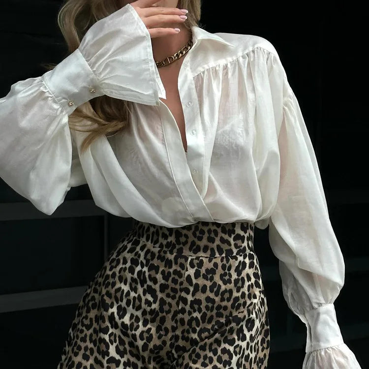 Bornladies Autumn Women's Fashionable Loose Collared Shirt Office Lady Solid Color Versatile Flare sleeve Top Long Sleeved Shirt