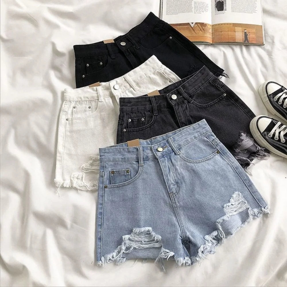 Y2K Vintage Tassel Denim Shorts Fashion Women High Waist Ripped Pocket Korean Jeans Casual Streetwear Blue Solid Hot Trousers