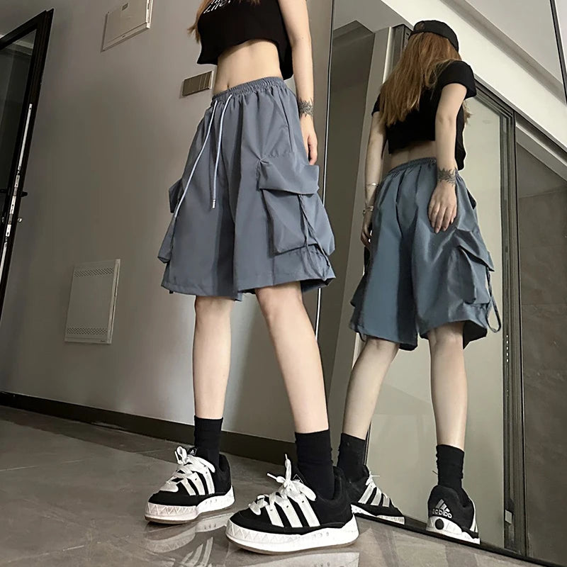 ZOKI Women High Waist Cargo Shorts American Style Streetwear Summer Wide Leg Pants Fashion Female Big Pocket Loose Shorts New