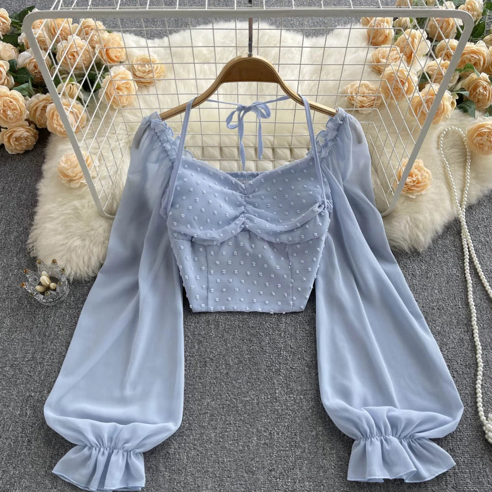 SINGREINY Polka Dot Folds Short Blouse Summer Slash Neck Long Sleeve Women Tie Halter Elastic Waist Fashion French Beach Top