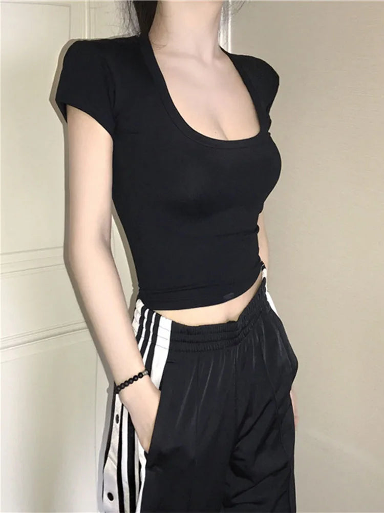 U-Neck Crop Top Solid Color Women Casual High Waist T Shirt Basic Sexy Streetwear Short Sleeve Slimming Tops