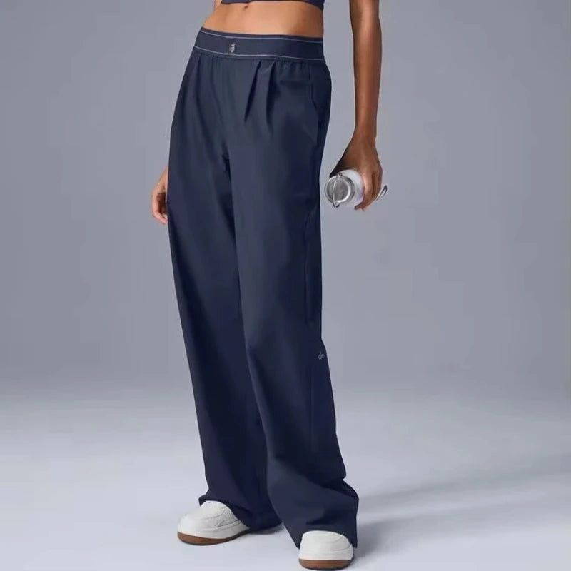 New Sports Yoga Wide Leg Pants Women Summer Elastic Waist Quick Drying Straight Pants Fitness Casual Solid Black Trousers Female