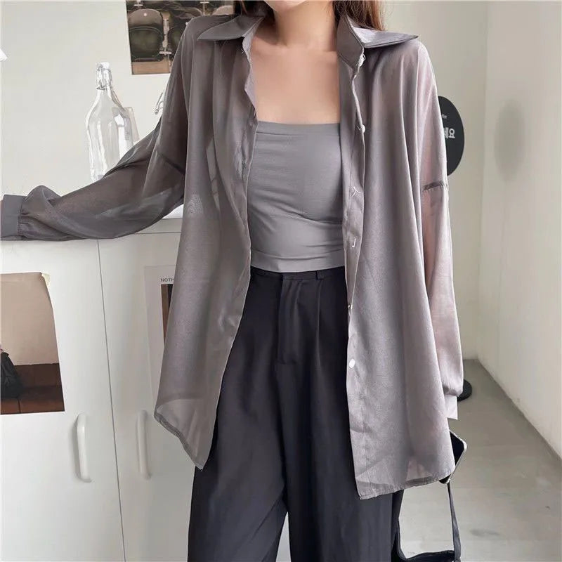 Xpqbb Women's White Chiffon Shirt Sheer Thin Long Sleeve Sun Protection Blouse Woman Casual Loose Simple Single-breasted Shirts