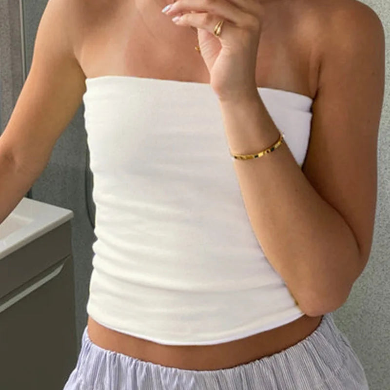 Women Cropped Tube Tops Strapless Off Shoulder Backless Short Tank Summer Party Club Striped/Solid Mini Vest 2024 New
