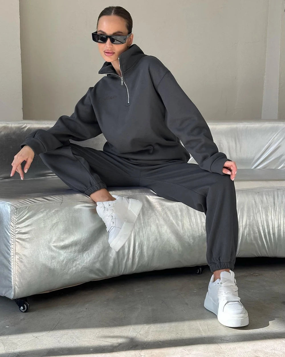 Autumn Women's Tracksuit with Zipper Cotton Oversize White Casual Two Piece Set Women  Classic Sports Trouser Suits for Women