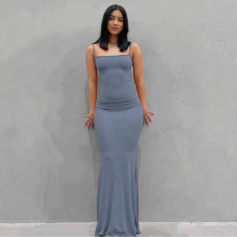 Europe and the United States cross-border foreign trade women 2024 solid color sexy slim high step slip dress