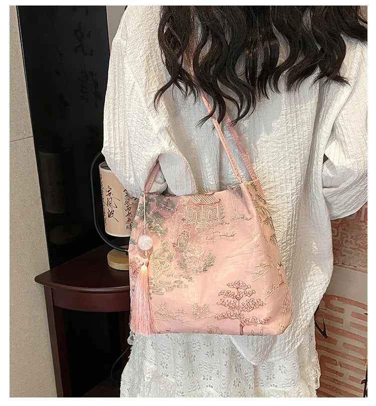 New Chinese Style Retro Bag 2025 New Models Silk Jacquard Fashionable Minimalist Bag Single Shoulder Diagonal Cross Women's Bag