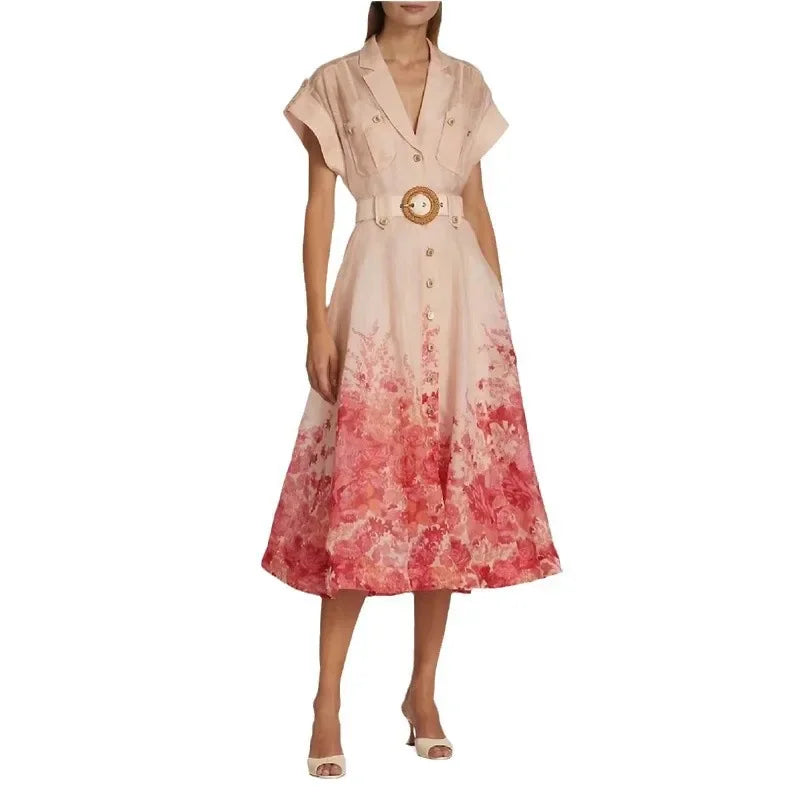 Real Shot Design Sense Positioning Print Single-Breasted Elegant Shirt A-Line Pocket Dress with Belt + Strap