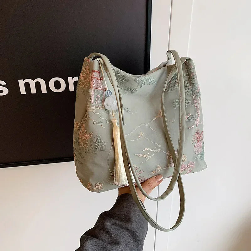 New Chinese Style Retro Bag 2025 New Models Silk Jacquard Fashionable Minimalist Bag Single Shoulder Diagonal Cross Women's Bag