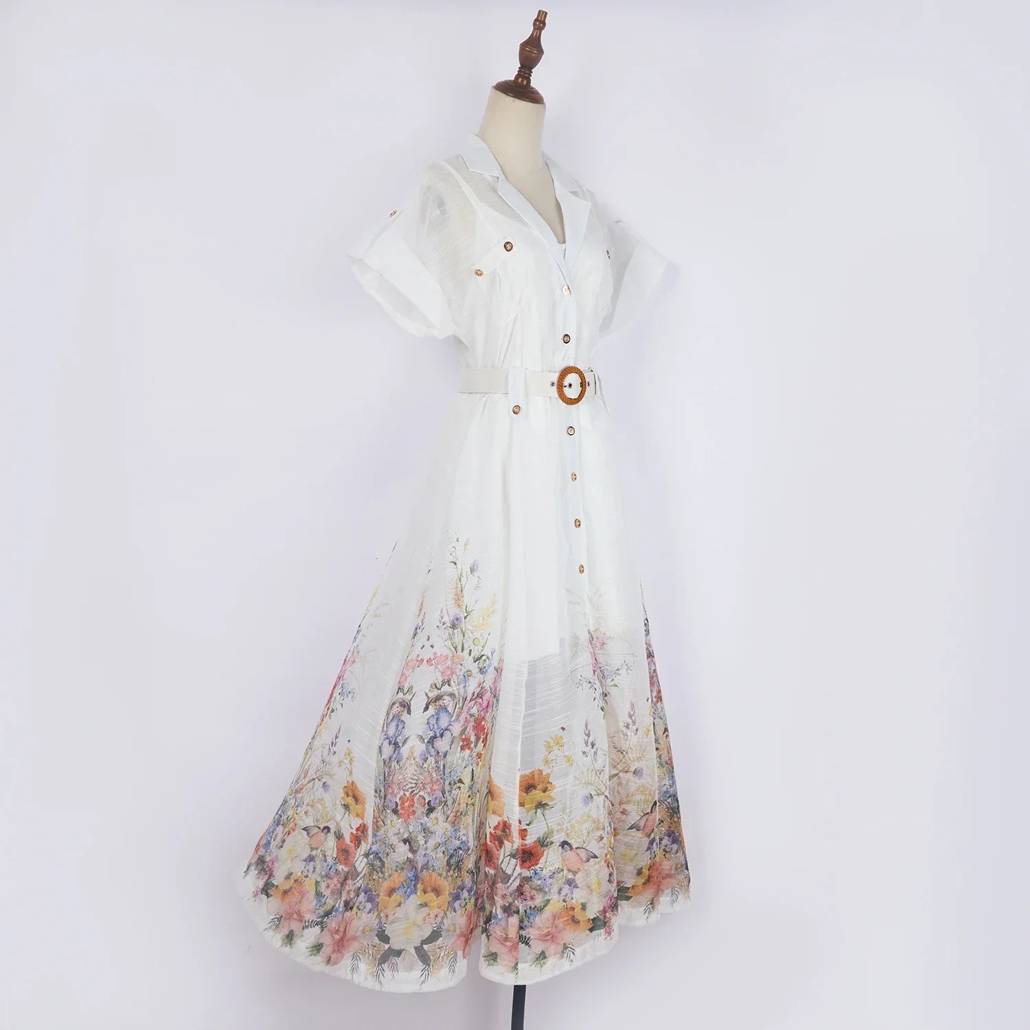 Real Shot Design Sense Positioning Print Single-Breasted Elegant Shirt A-Line Pocket Dress with Belt + Strap