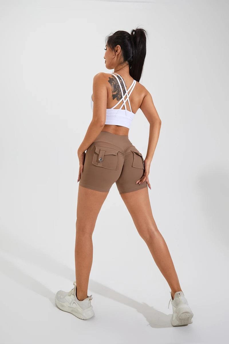 QINACTIVE Yoga Shorts for Women Pocket Scrunched Butt Gym Leggings High Waist Push Up Tights Sexy Booty Sports Shorts Fitness