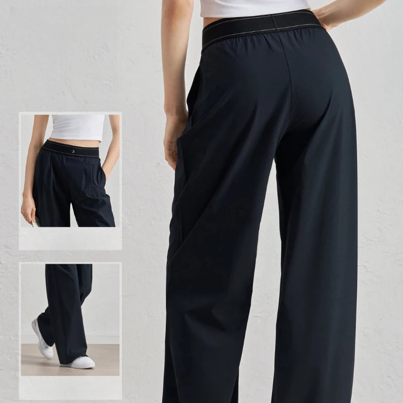 New Sports Yoga Wide Leg Pants Women Summer Elastic Waist Quick Drying Straight Pants Fitness Casual Solid Black Trousers Female