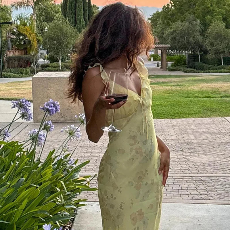 Women's Floral Cami Dress Slim Tie Bow Deep V Neck Backless Ruffle Spaghetti Strap Long Bodycon Dress for Party Club