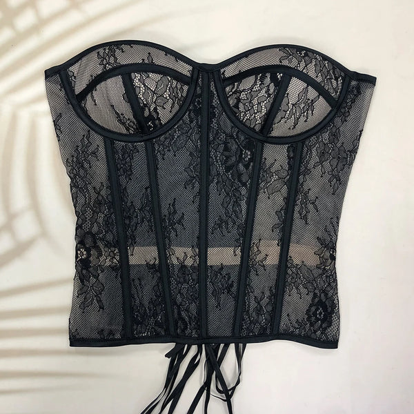 Steel Bone Korset Woman Hollow Out Strapless Lace Bra Bustier Top Mesh Women Lingerie Black White Biege Corset