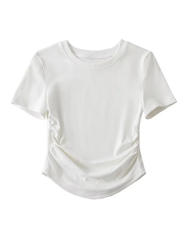 2024 Harajuku Women Crew Neck Short Sleeve Cotton Tee With Ruched Sides Detail T-shirts