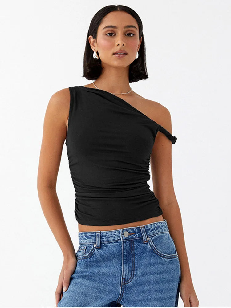 Simple Basic Casual Summer Tank Top Sleeveless Solid Color Off Shoulder Side Ruched Crop Tops Vestidos Spring Women T S
