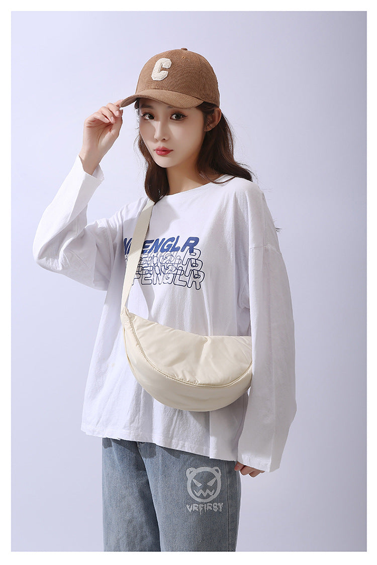 Solid Color Women's Portable Shoulder Bag Simple Female Nylon Cloth Padded Crossbody Bags Travel Purse Handbags Messenger Bag