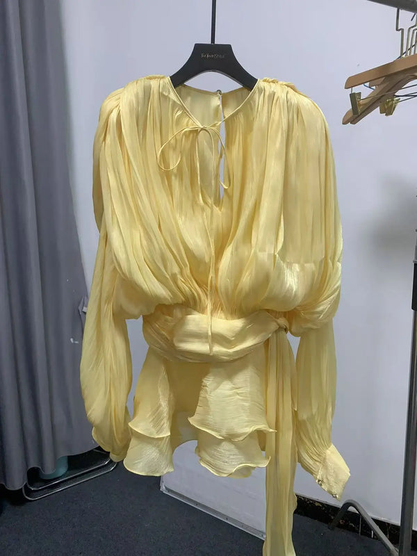 GALCAUR Solid Loose Splicd Lace Up Dresses For Women V Neck Long Sleeves Patchwork Ruffles Tunic Dreses Female Fashio New
