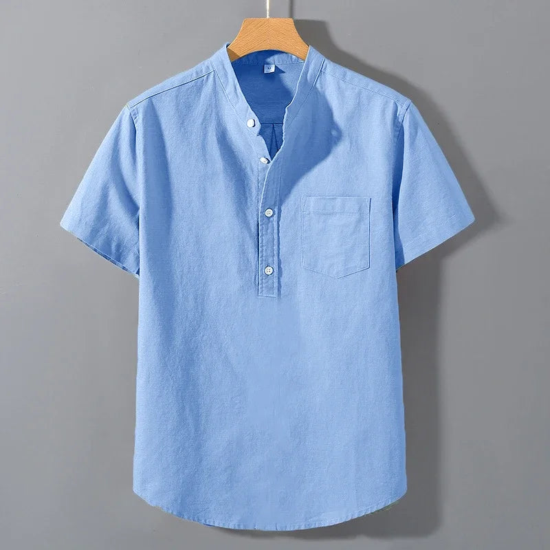 New Mens Short Sleeve T Shirts Solid Color Stand Up Collar Shirt Summer Trendy Breathable Loose Youth Basic Cotton Pocket Top