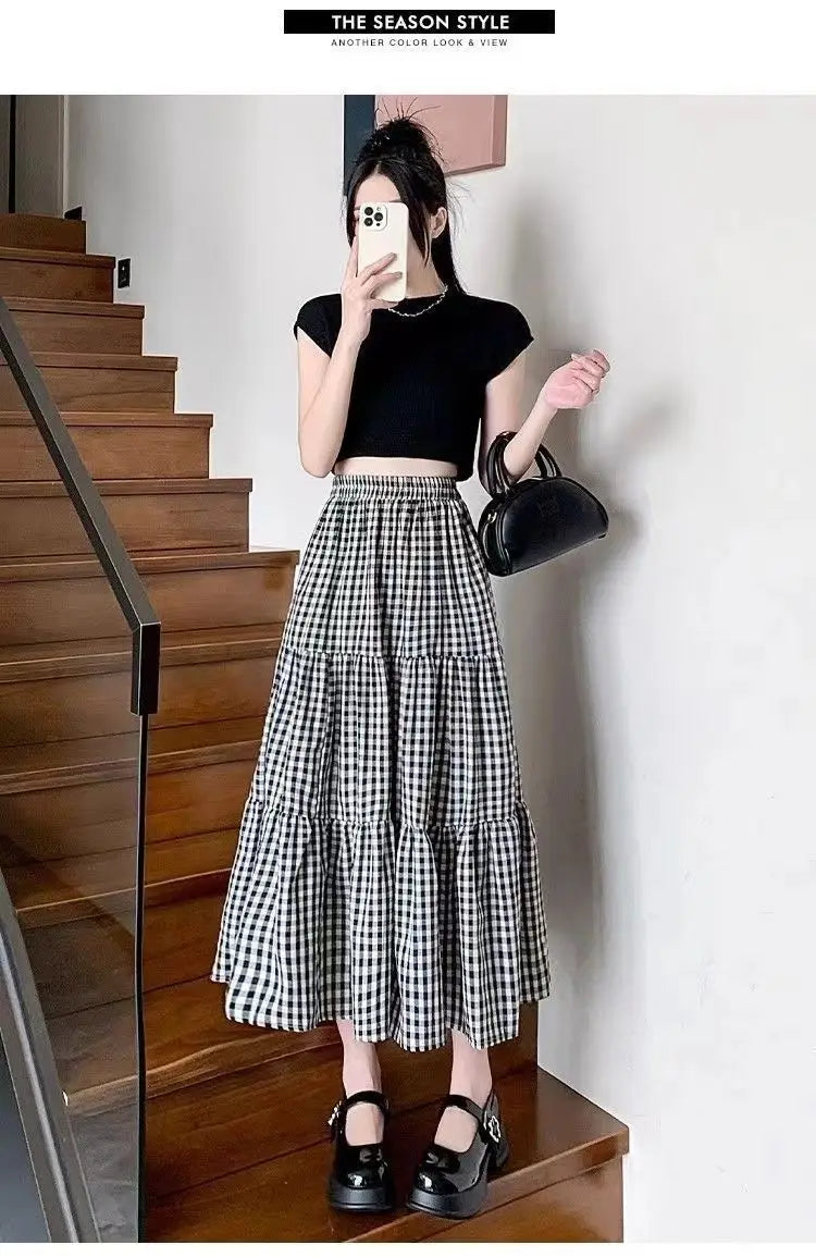 Patchwork Tiered Skirt Women 2025 Summer Vintage Checkered High Waisted Elastic Waist Slimming Midi Skir