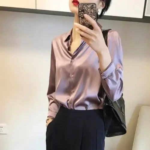 Silk Brown Clothes Wear To Work Office Outfits Long Sleeve Purple Spring Formal Tops for Women Satin Womens Shirt & Blouse Cool