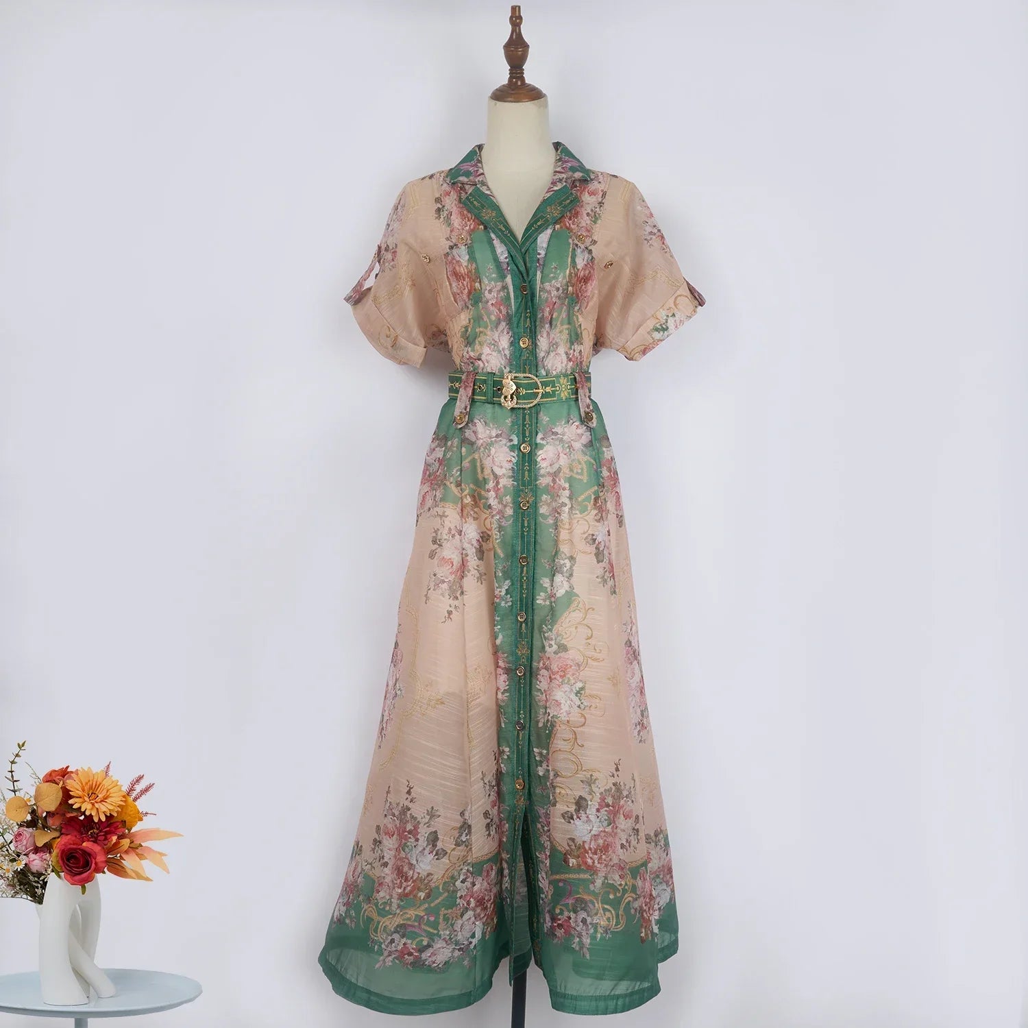 Real Shot Design Sense Positioning Print Single-Breasted Elegant Shirt A-Line Pocket Dress with Belt + Strap