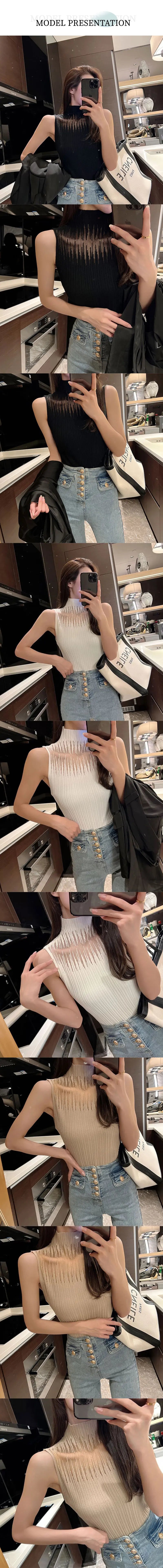 New Women's Summer Fashion Thin Knitted Undershirt Sleeveless Pullover Corset Top Half High Neck Comfortable Breathable T-Shirt