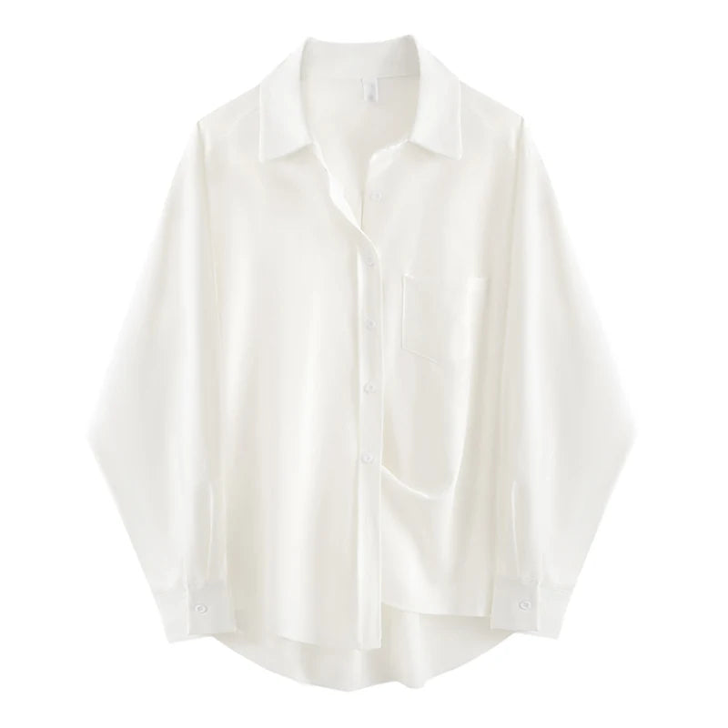 Minimalist Oversize Full Sleeve Women Basic Black Shirt Button Up Blouse  Turn Down Collar BF Long Shirts Autumn Cardigan Tops