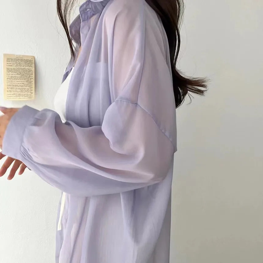 8 Colors Shirts Women Sheer Thin Chic Summer Simple Solid Sun-proof Temper Fashion Baggy All-match Basic Korean Style Clothes